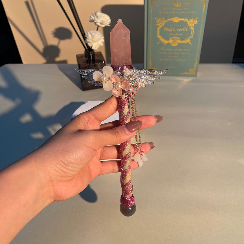 Handmade Crystal Wand, Raw Gemstone Scepter, Natural Magic Wand Rose Quartz