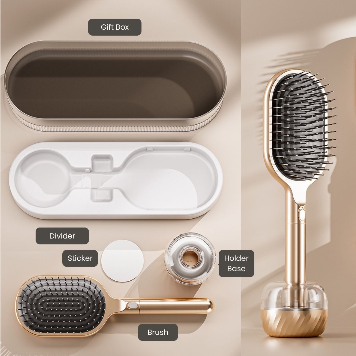 Air Cushion Massage Hair Brush Set with Wall Mount Holder Base - White