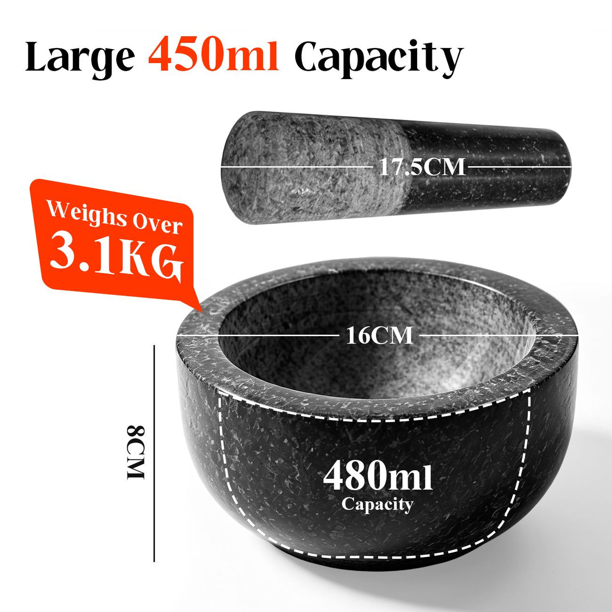 Granite Mortar and Pestle Set, 450ml Heavy Duty Stone Grinder Bowl with 17.5cm Pestle, Black, Manual Spice Grinder for Guacamole, Salsa, Pesto, Herbs, Spices, Nuts & Seeds