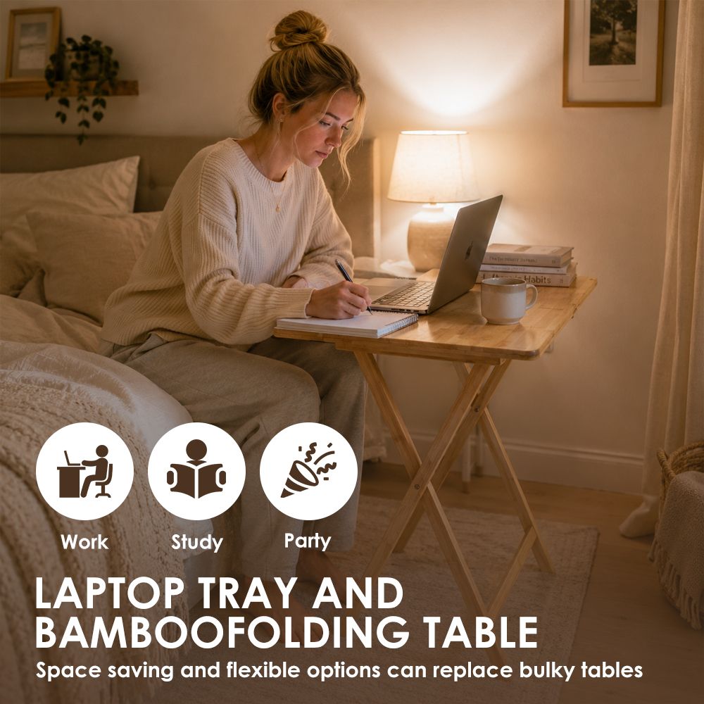 Foldable Bamboo Laptop Table, Bed Tray & Snack Table – Portable & Space-Saving