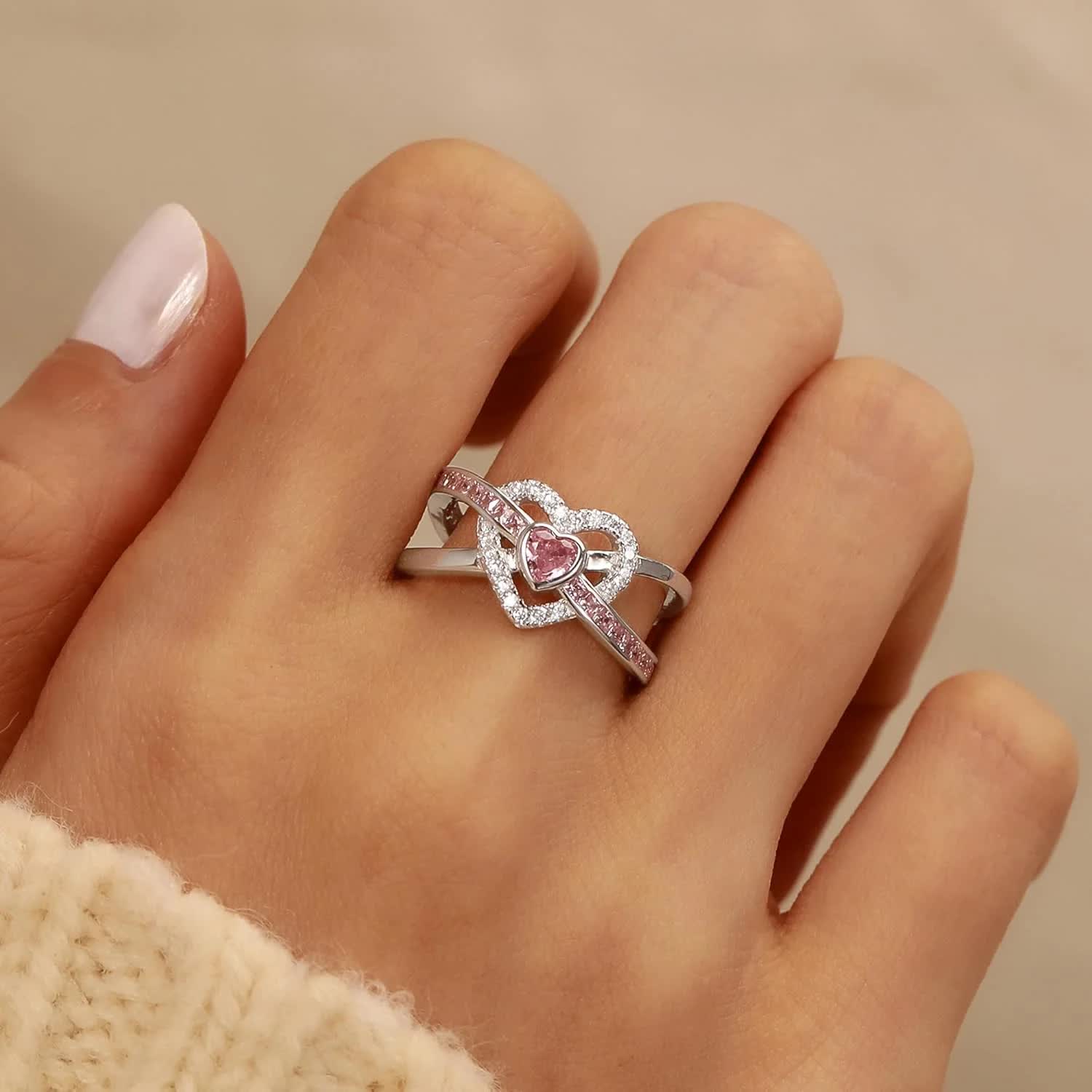 Dainty Infinity Heart Promise Ring for Women 925 Sterling Silver Pink Love CZ Birthstone Cute Ring for Wife Eternity Wedding Engagement Band Rings Jewelry Birthday Gift to Daughter Mother