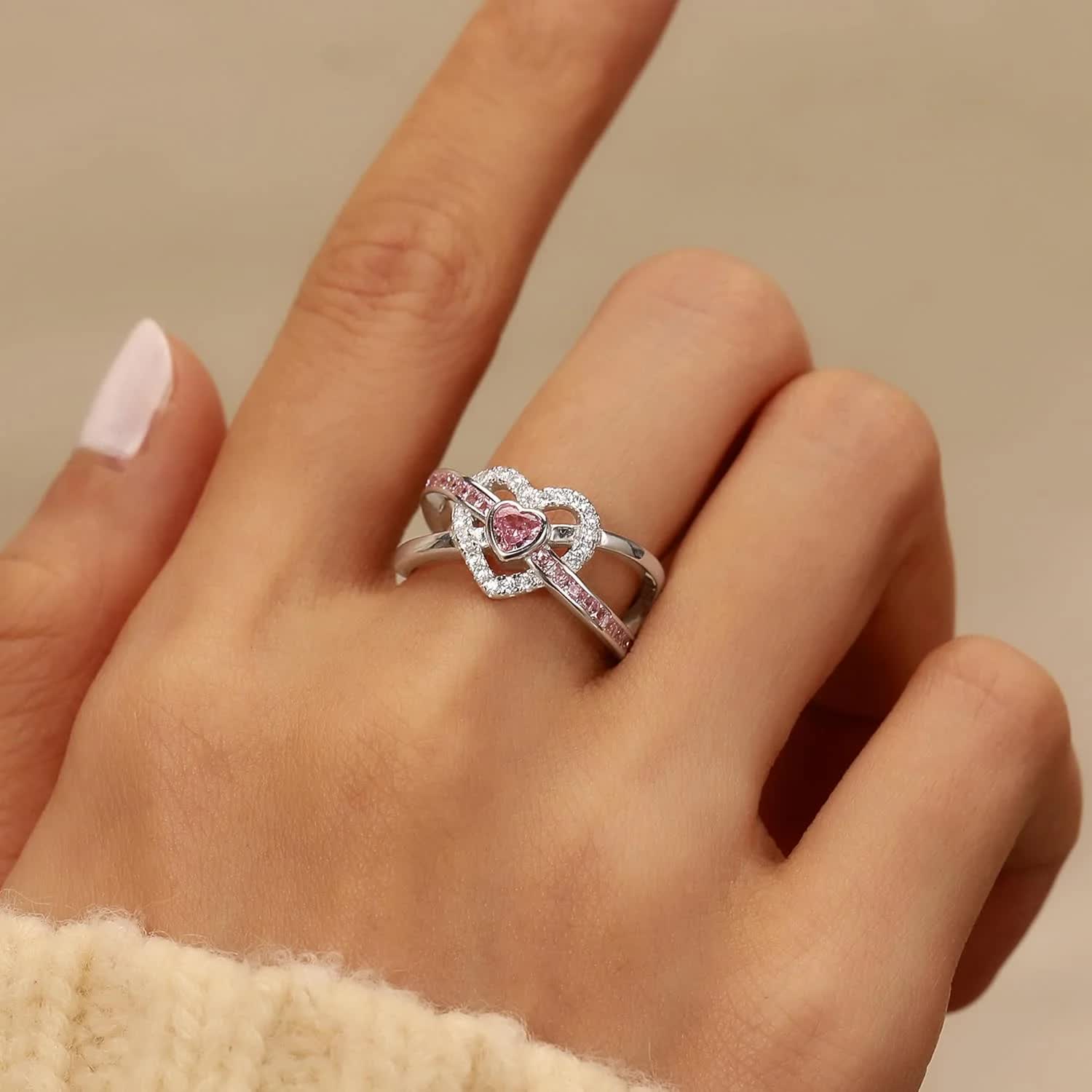 Dainty Infinity Heart Promise Ring for Women 925 Sterling Silver Pink Love CZ Birthstone Cute Ring for Wife Eternity Wedding Engagement Band Rings Jewelry Birthday Gift to Daughter Mother
