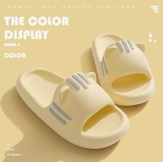 Women’s Slides Cute Bathroom Slippers Non-Slip Cartoon Cat Shaped Indoor Outdoor Summer Slippers（yellow，36-37）