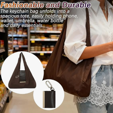 Keychain Tote Bag Compact & Expandable for On the Go, Foldable Tote Bag with Key Ring for Daily Errands - Black