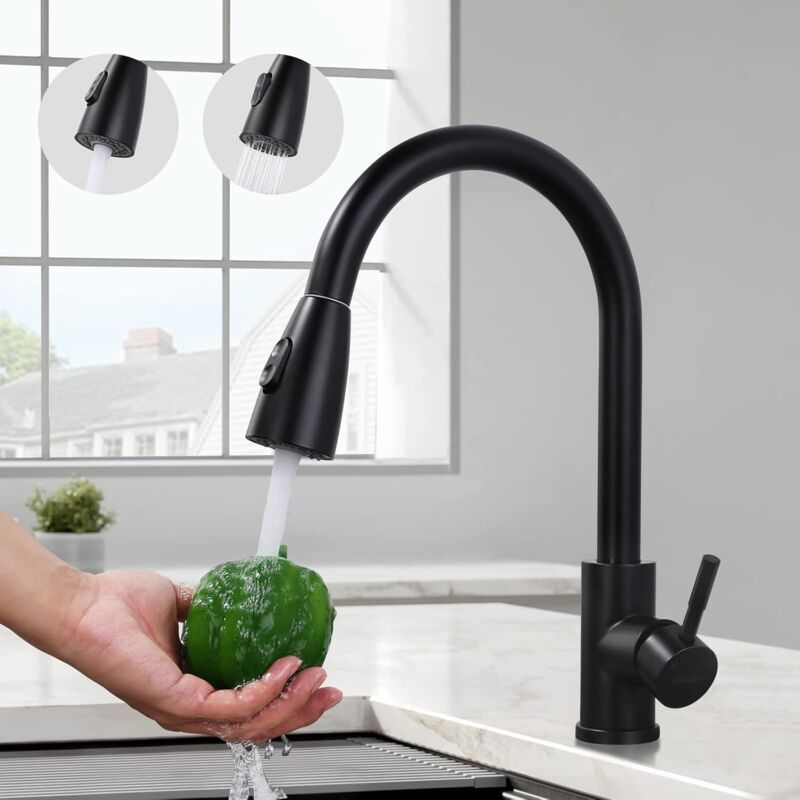 Black Kitchen Faucet, Stainless Steel Pull-Down Sprayer Sink Mixer Tap, 2 Spray Modes Kitchen Mixer Tap, High Spout And