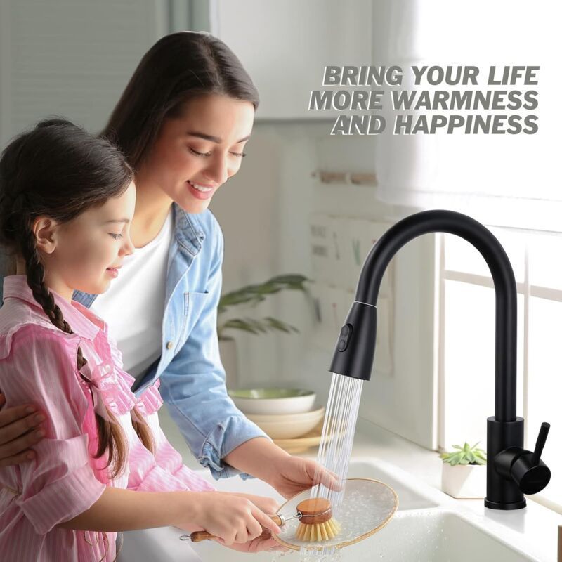 Black Kitchen Faucet, Stainless Steel Pull-Down Sprayer Sink Mixer Tap, 2 Spray Modes Kitchen Mixer Tap, High Spout And