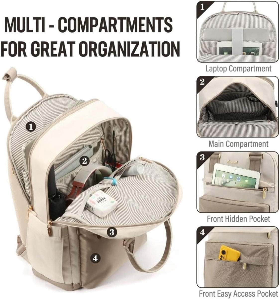 Backpack - Backpack - Ladies - Girls - Women - Laptop - Schoolbag - Work - School - Waterproof - USB - Beige - White