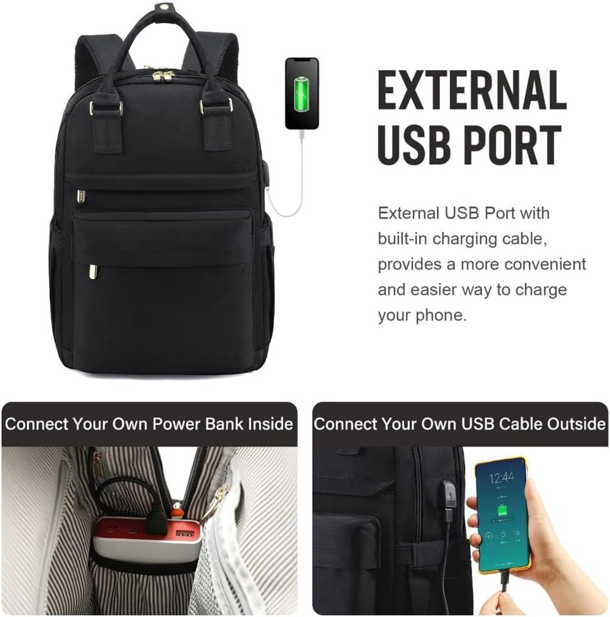 Backpack - Backpack - Ladies - Girls - Women - Laptop - Schoolbag - Work - School - Waterproof - USB - Black