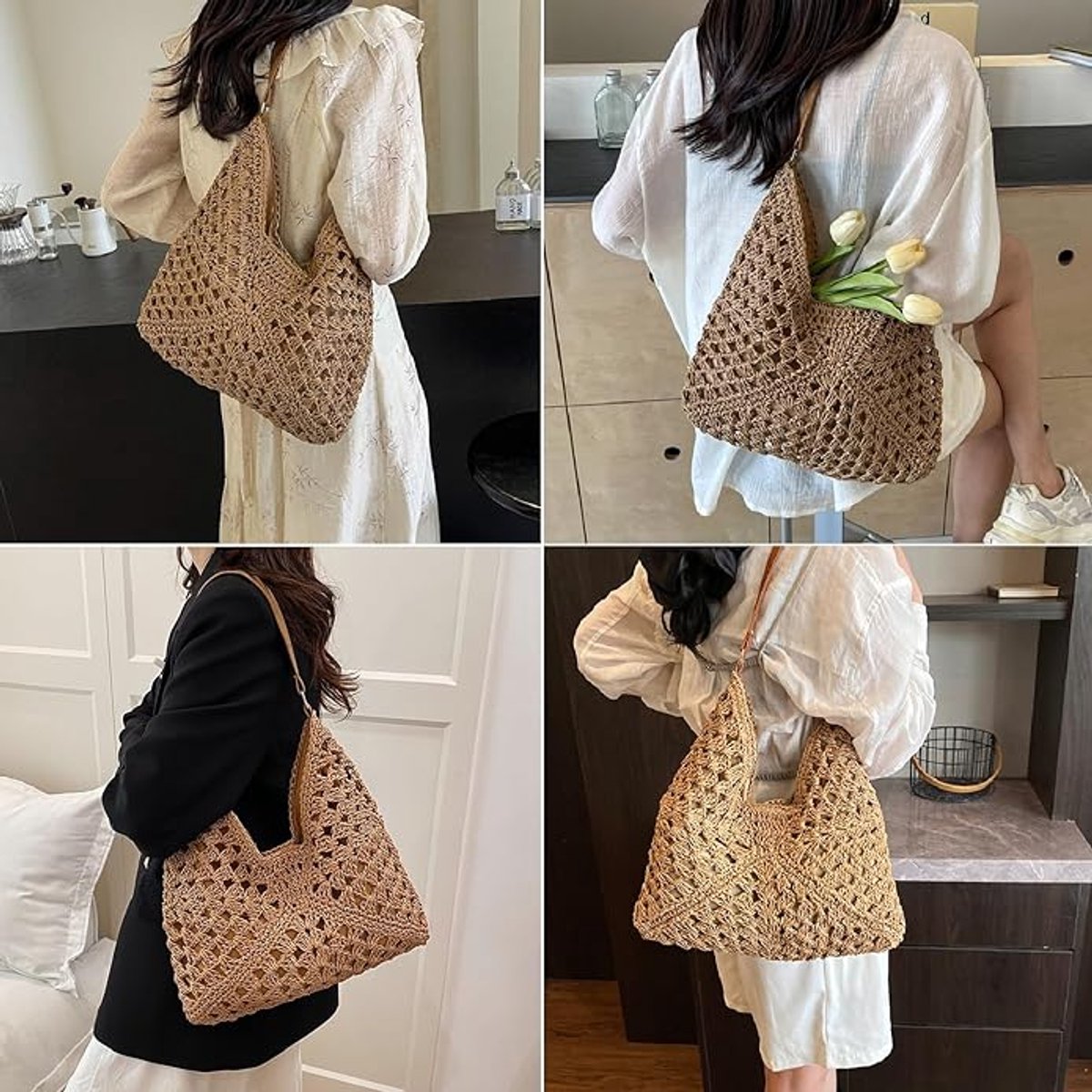 Tote Bags - Summer Beach Bags - Women's Shoulder Bags - Crochet Bags - Vintage Straw Tassen - Women's Straw Shoulder Bags - Boho Crochet Tote Bags - Perfect for travel, shopping and vacations