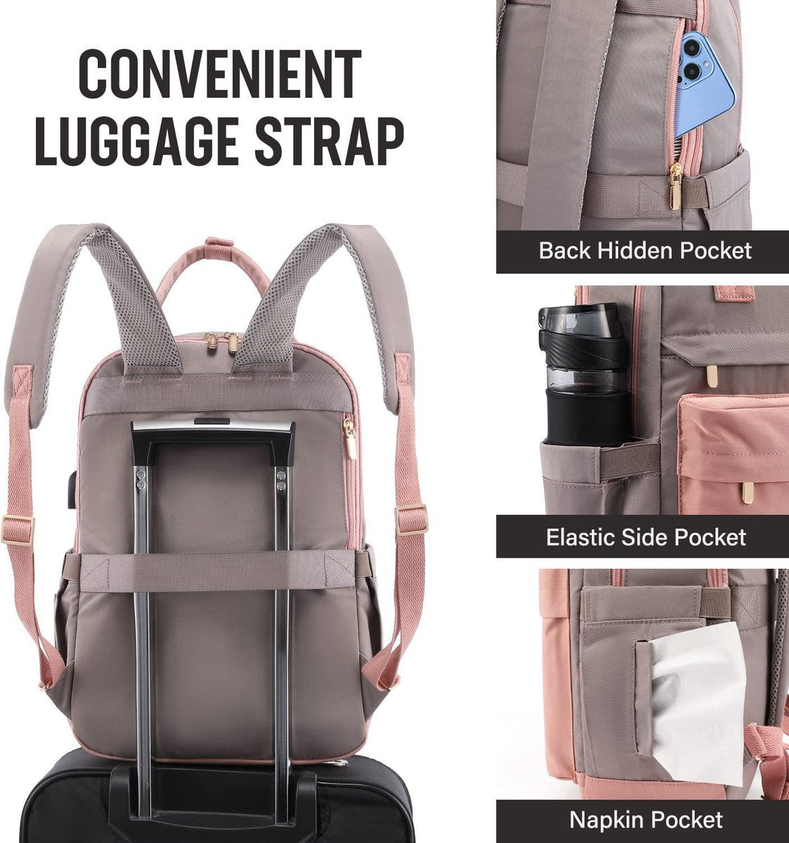 Nieuwe 2025 Backpack - 40L Travel Bag - Maximum Capacity - Laptop Backpack - School Backpack - For School and University Trips - Pink/Grey