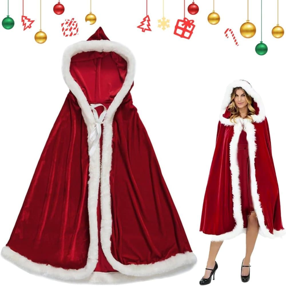Red Christmas Cloak with Hood for Women, Santa Costume for Christmas Party and Cosplay, One Size, 150cm
