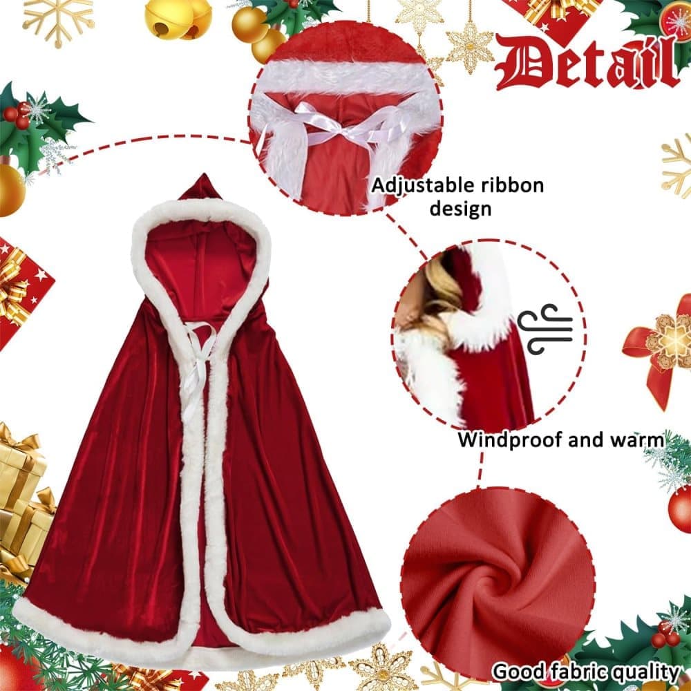 1 Red Christmas Cloak with Hood Santa Costume for Women, 90cm
