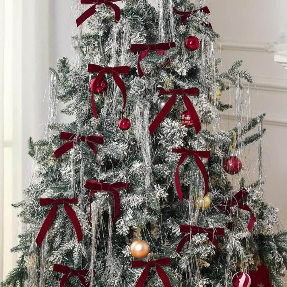 12 Christmas Bows for Tree, Velvet in Burgundy