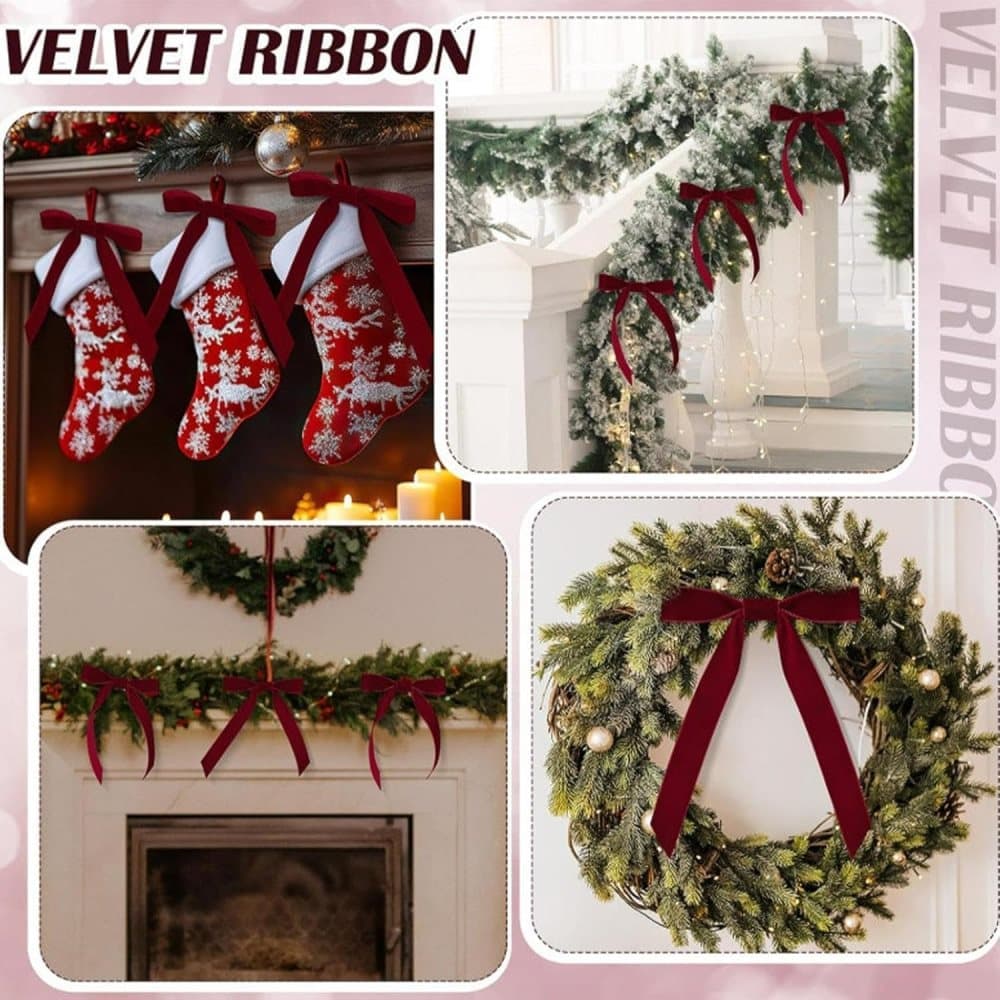 12 Christmas Bows for Tree, Velvet in Burgundy