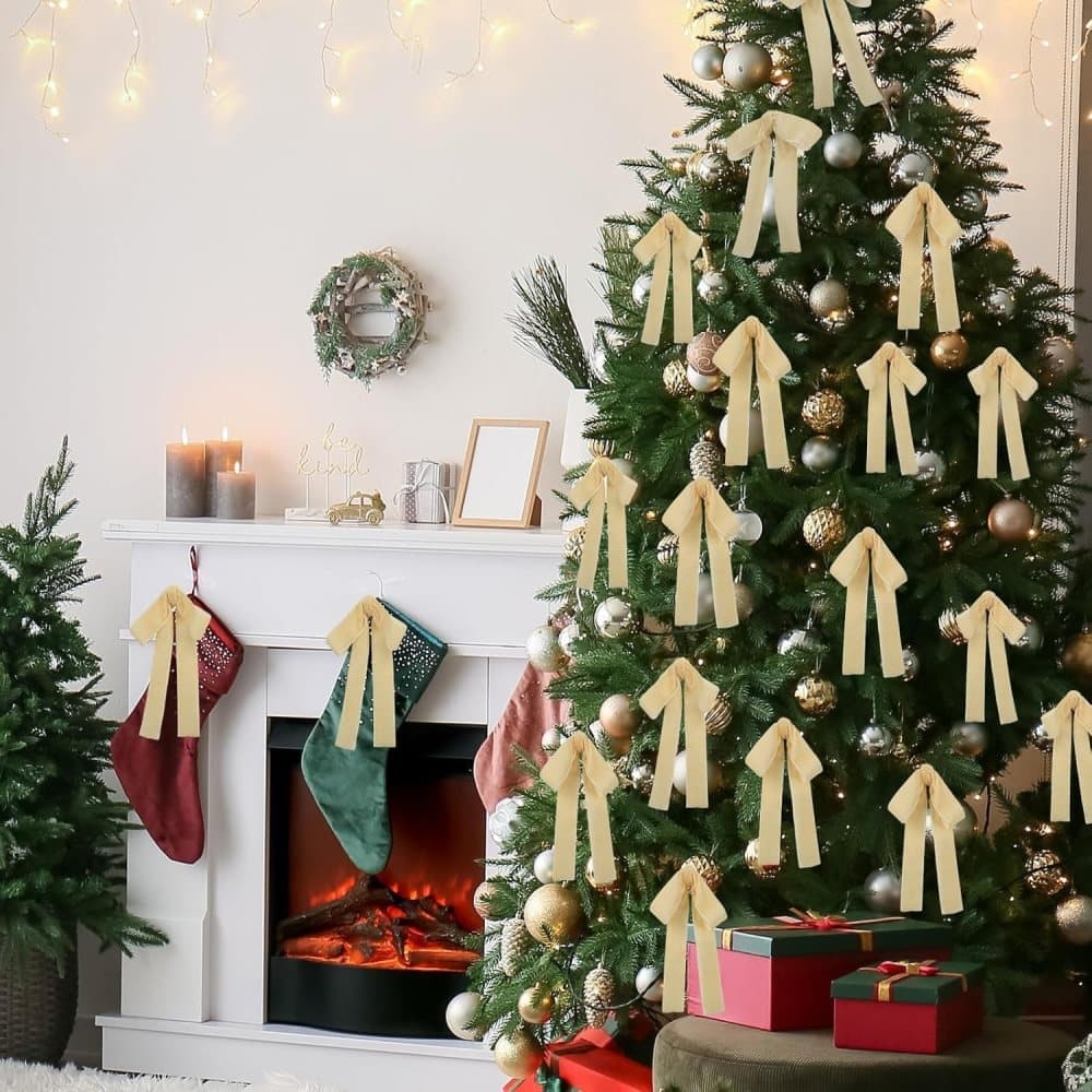 12 Christmas Bows Velvet Tree Decorations in Beige, 6-inch