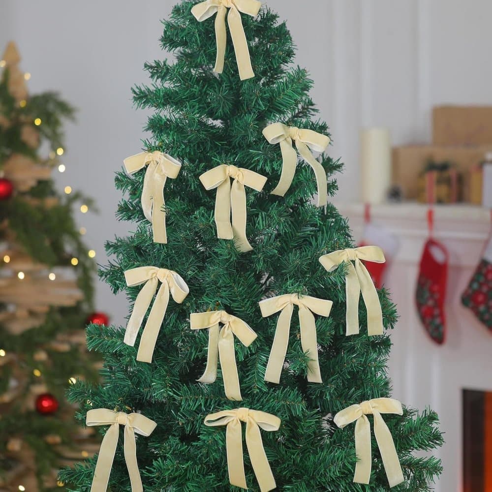 12 Christmas Bows Velvet Tree Decorations in Beige, 6-inch
