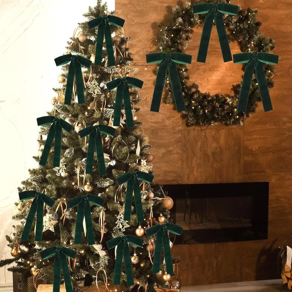 12 Christmas Bows Velvet Tree Decorations in Dark Green