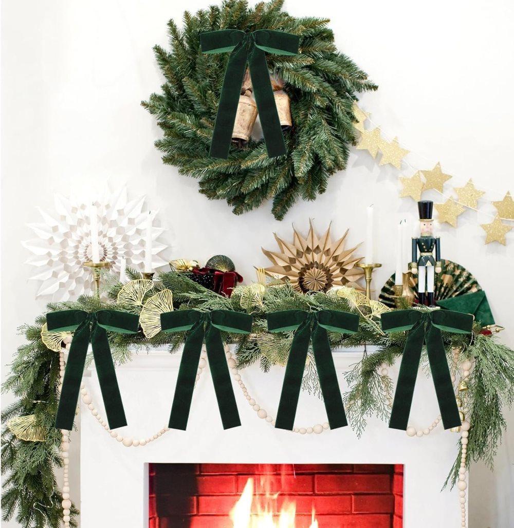 12 Christmas Bows Velvet Tree Decorations in Dark Green