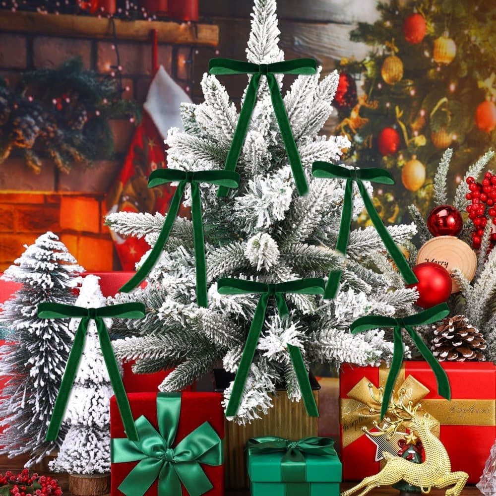 12 Christmas Bows Velvet Tree Decorations in Dark Green