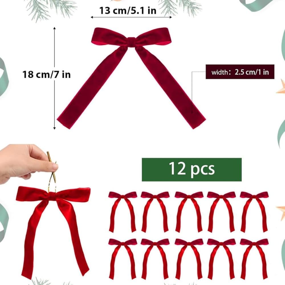 12 Christmas Bows Velvet Tree Decorations, Red