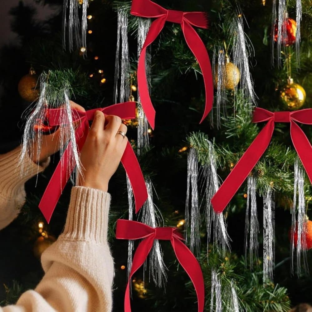 12 Christmas Bows Velvet Tree Decorations, Red