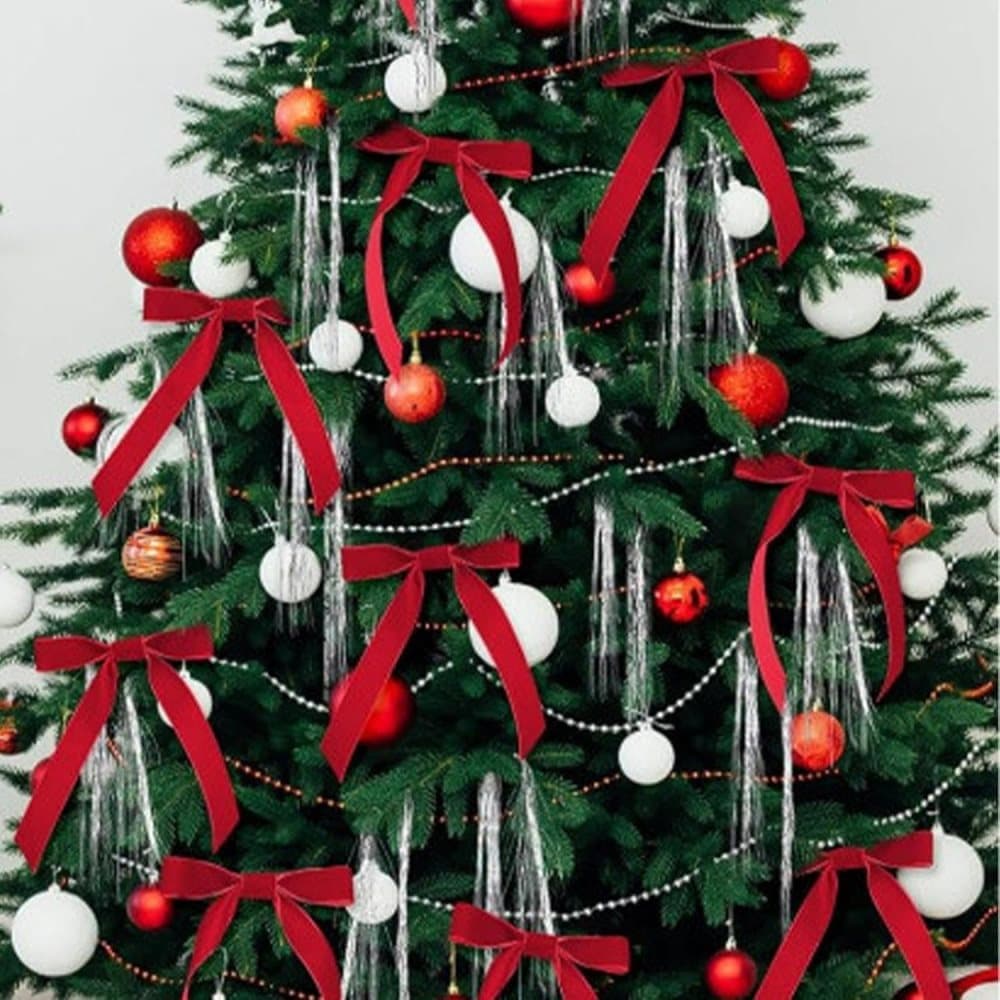 12 Christmas Bows Velvet Tree Decorations, Red