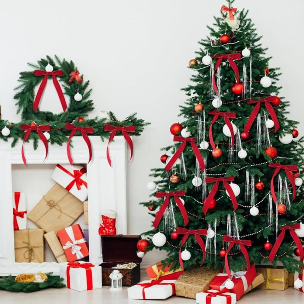 12 Christmas Bows Velvet Tree Decorations, Red