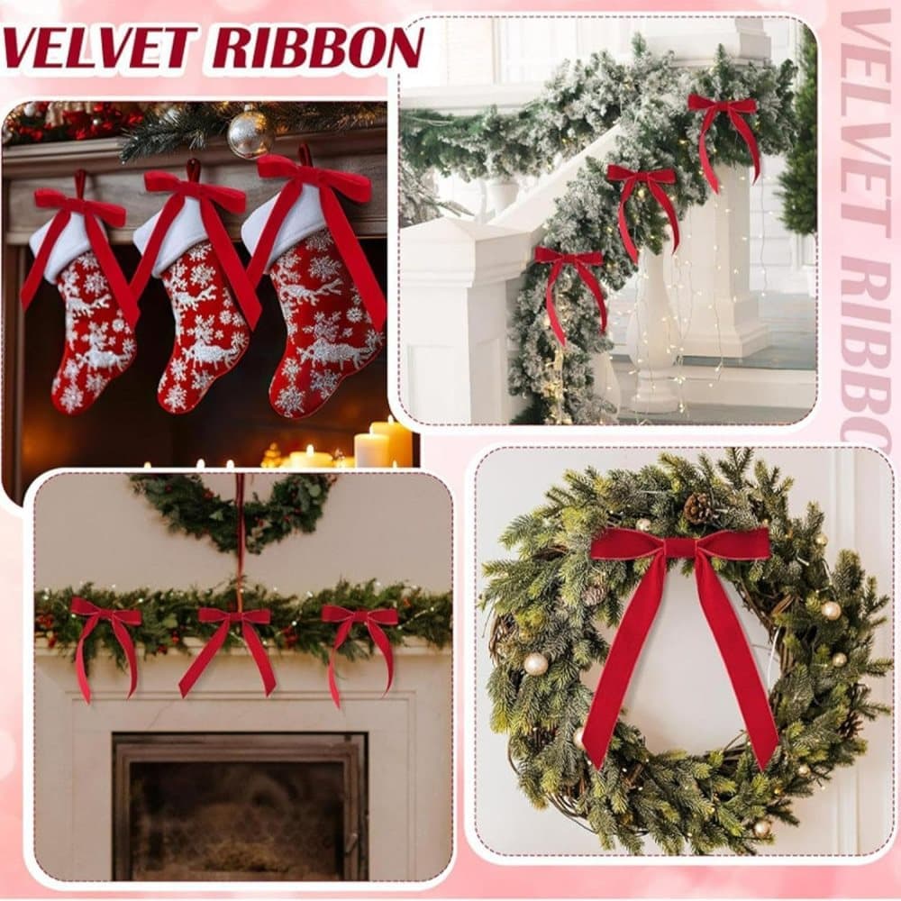 12 Christmas Bows Velvet Tree Decorations, Red