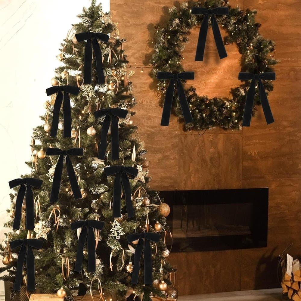 12 Christmas Bows Velvet Tree Decorations in Black, 6 inches
