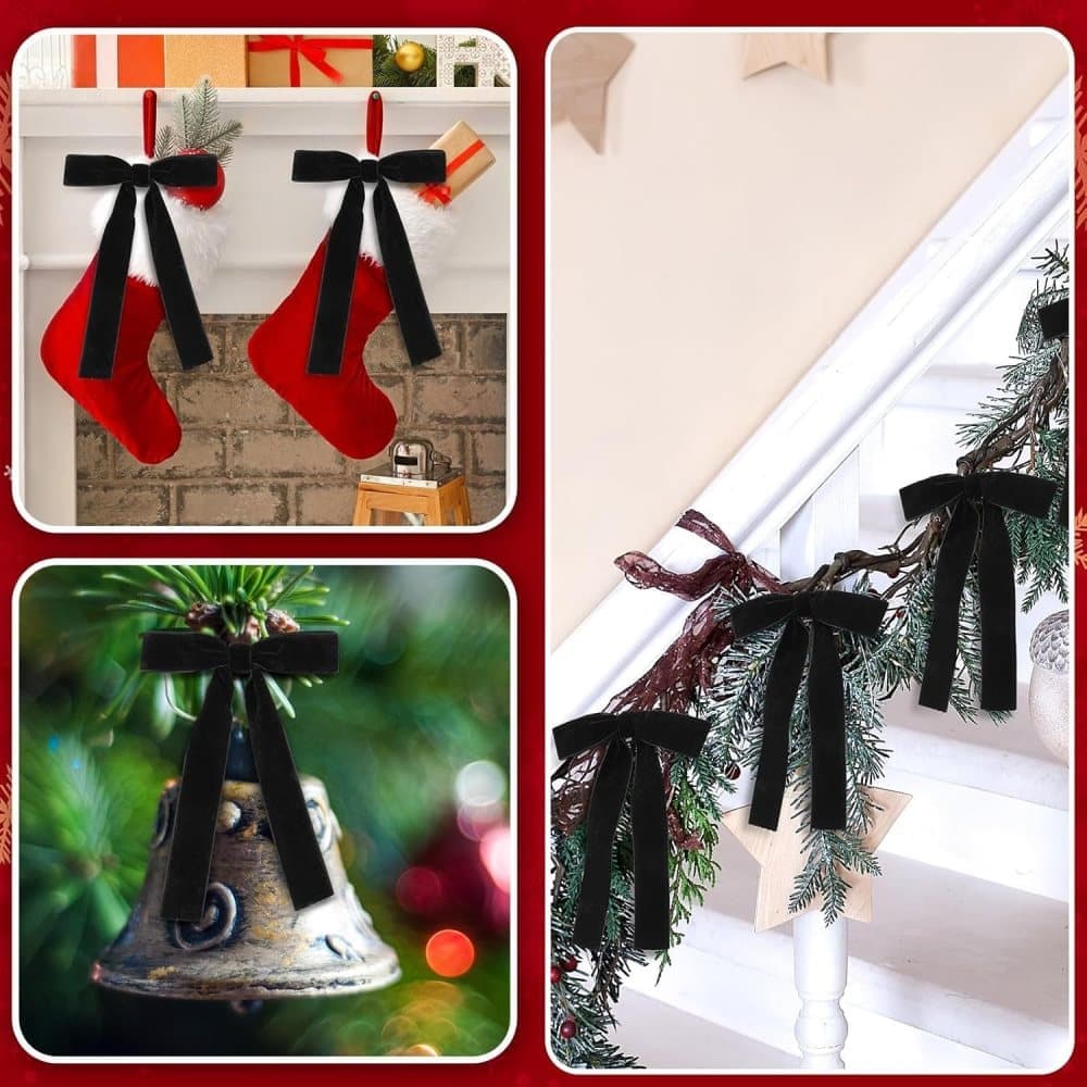 12 Christmas Bows Velvet Tree Decorations in Black, 6 inches