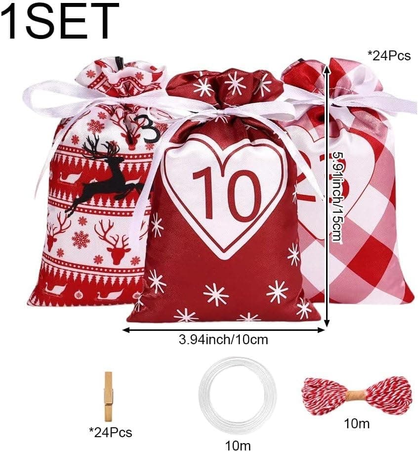 24 Christmas Calendar Bags, DIY Advent Calendar with Hanging Bags, Reusable for Christmas Gifts, Red
