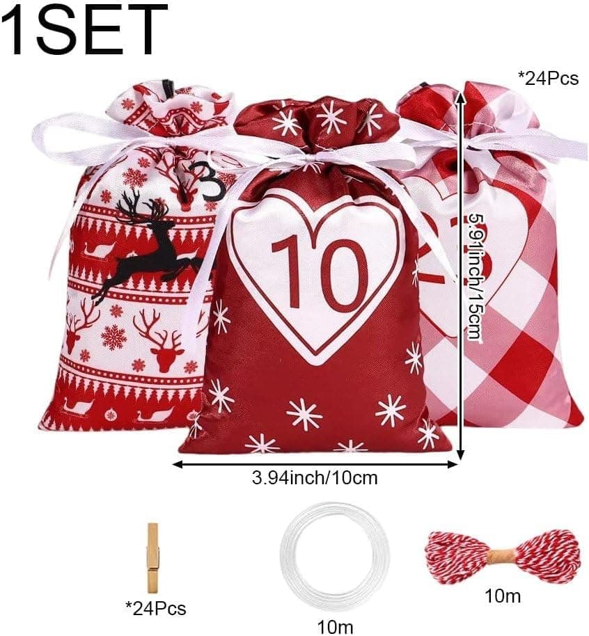 24 Christmas Calendar Bags, DIY Advent Calendar with Hanging Bags, Reusable for Christmas Gifts, Red