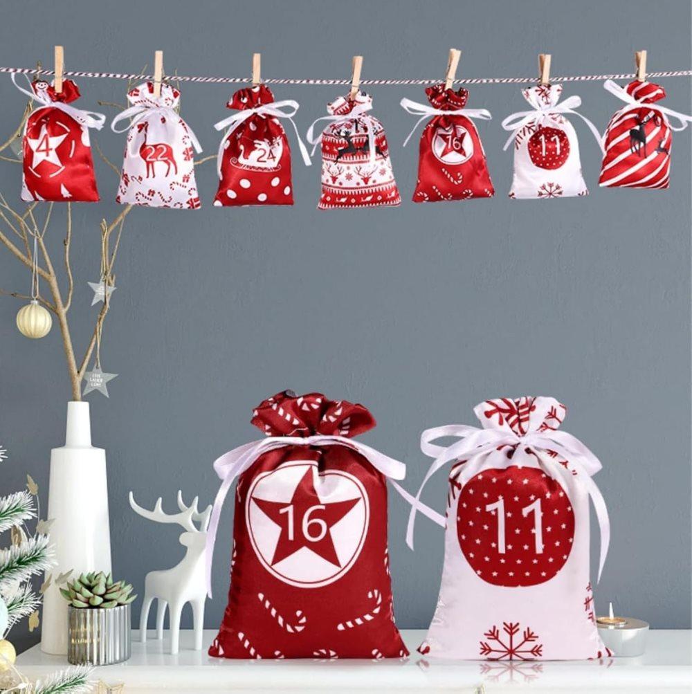 24 Christmas Calendar Bags, DIY Advent Calendar with Hanging Bags, Reusable for Christmas Gifts, Red