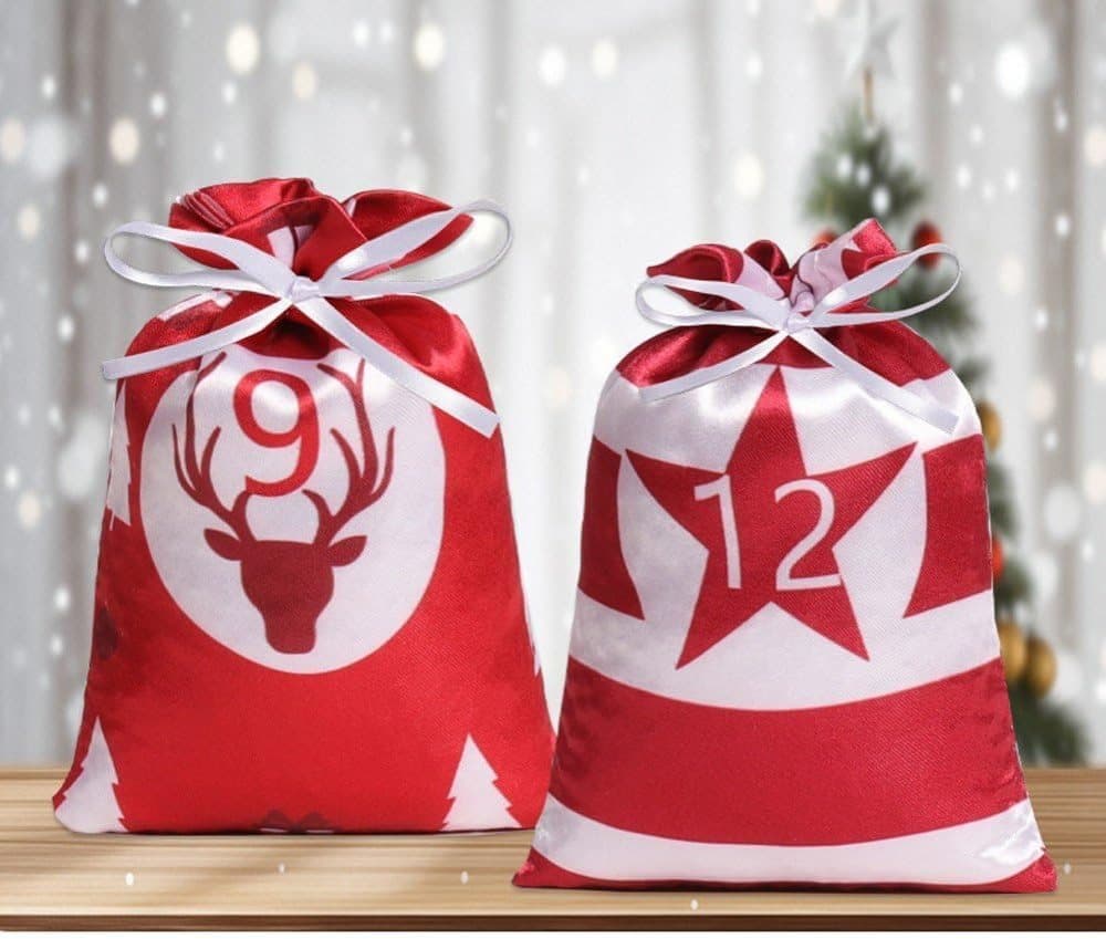 24 Christmas Calendar Bags, DIY Advent Calendar with Hanging Bags, Reusable for Christmas Gifts, Red