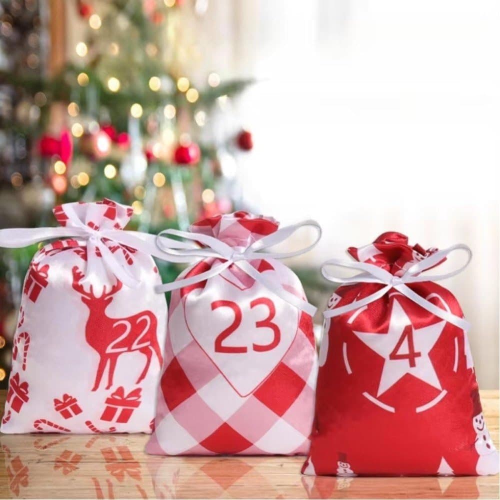 24 Christmas Calendar Bags, DIY Advent Calendar with Hanging Bags, Reusable for Christmas Gifts, Red
