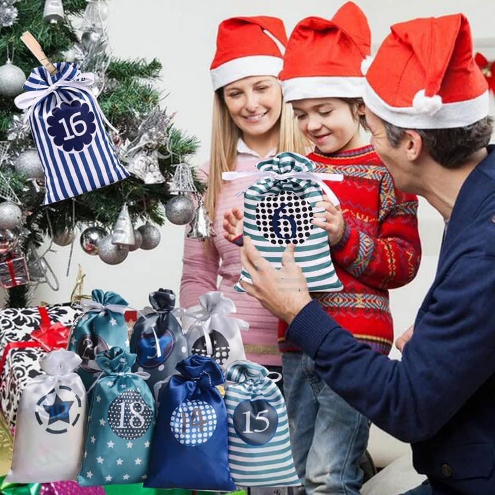 24 Christmas Calendar Bags, DIY Advent Calendar with Hanging Bags, Reusable Christmas Gifts, Blue