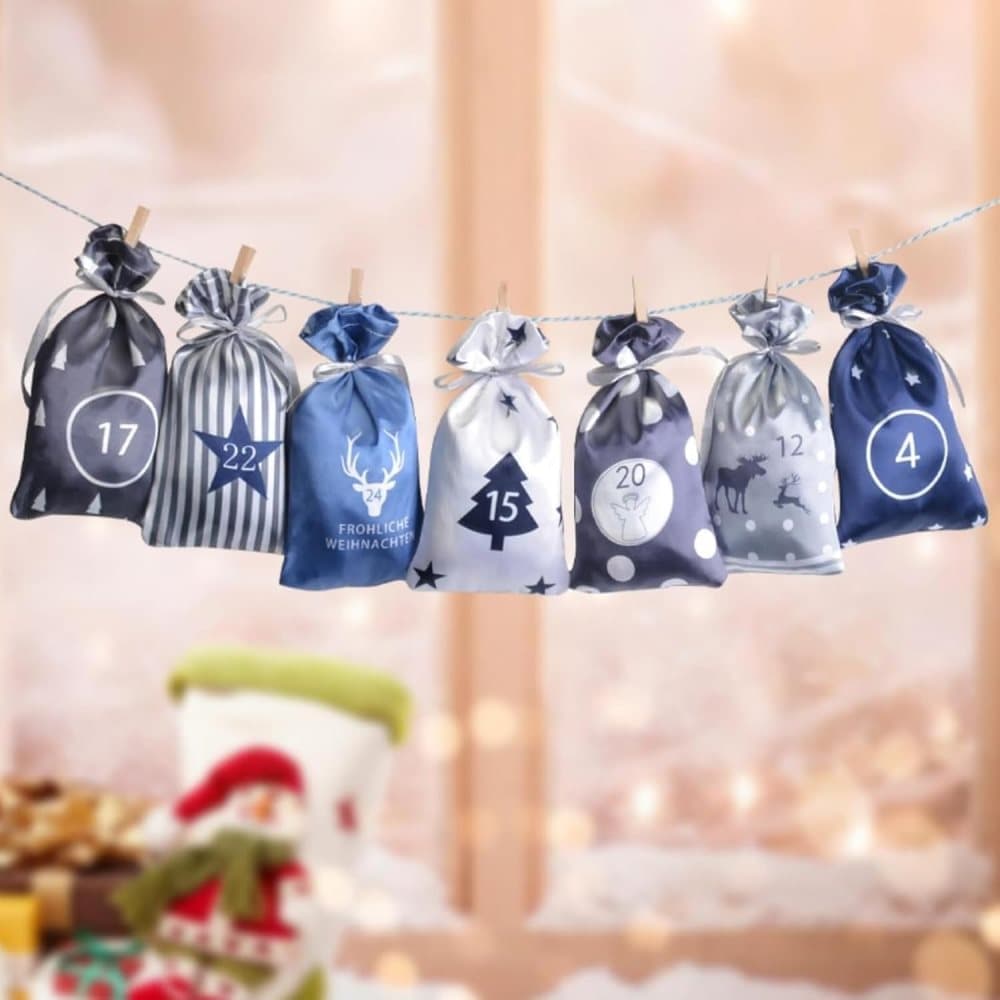 24 Christmas Calendar Bags, DIY Advent Calendar with Hanging Bags, Reusable Christmas Gifts, Blue