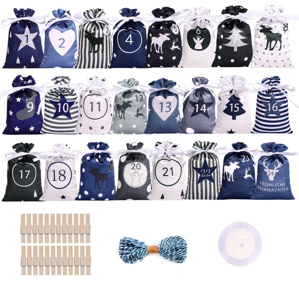 24 Christmas Calendar Bags, DIY Advent Calendar with Hanging Bags, Reusable Christmas Gifts, Blue
