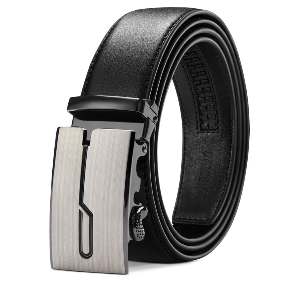 1 Black Men's Leather Belt with Adjustable Buckle, 125CM