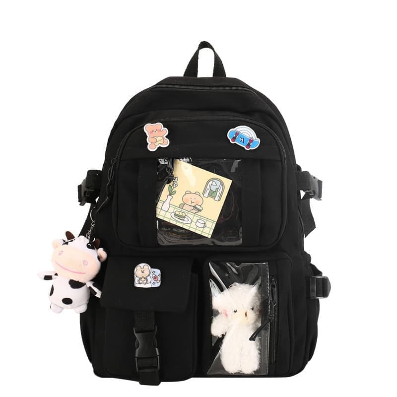 Girls School Backpack Waterproof with Accessories and Plush Pendant, Black, Ideal for School and Travel