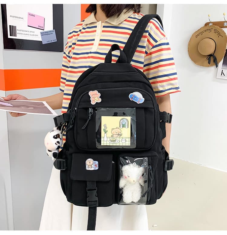 Girls School Backpack Waterproof with Accessories and Plush Pendant, Black, Ideal for School and Travel