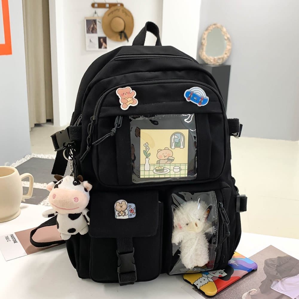 Girls School Backpack Waterproof with Accessories and Plush Pendant, Black, Ideal for School and Travel