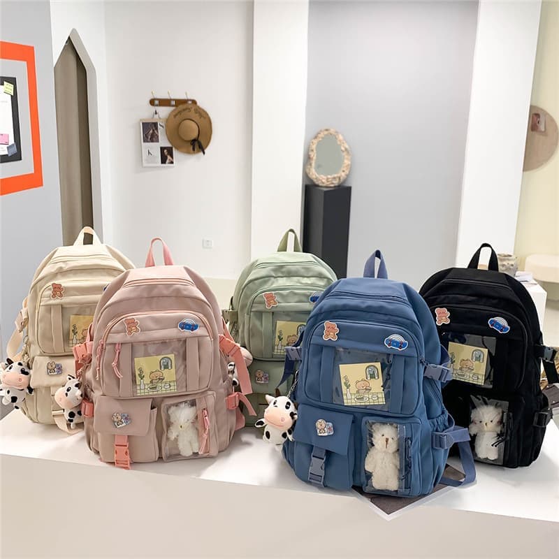 Girls School Backpack Waterproof with Accessories and Plush Pendant, Black, Ideal for School and Travel