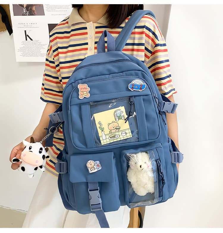 Blue Cute School Backpack for Girls Waterproof with Accessories and Plush Pendant, Ideal for School and Travel