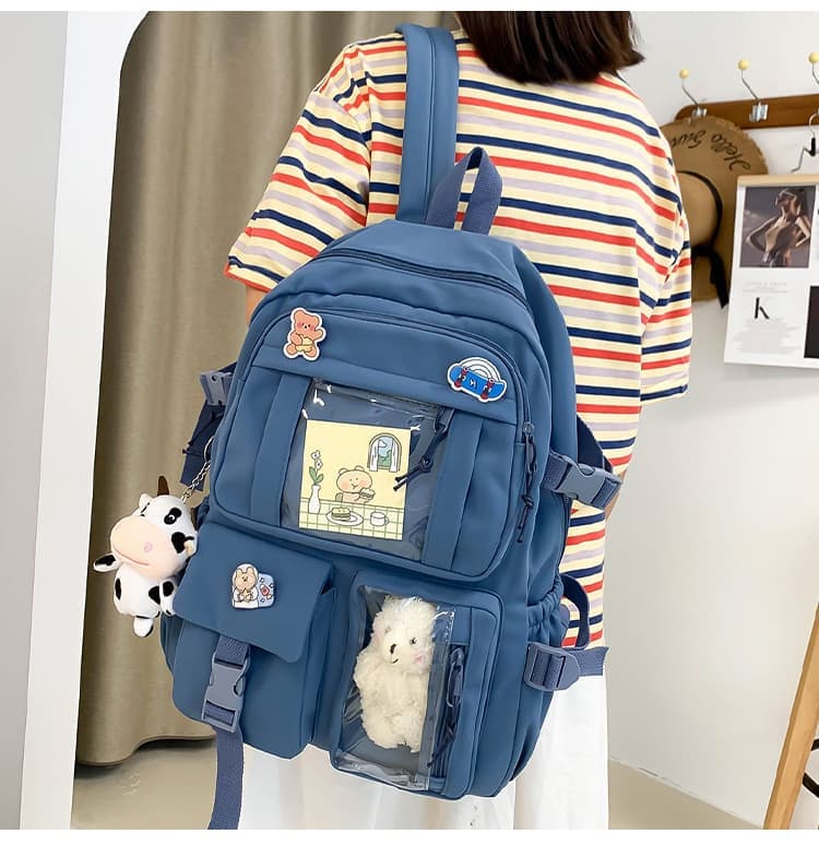 Blue Cute School Backpack for Girls Waterproof with Accessories and Plush Pendant, Ideal for School and Travel