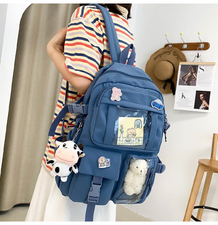 Blue Cute School Backpack for Girls Waterproof with Accessories and Plush Pendant, Ideal for School and Travel