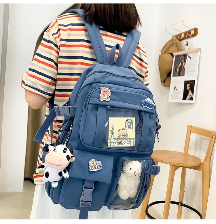Blue Cute School Backpack for Girls Waterproof with Accessories and Plush Pendant, Ideal for School and Travel