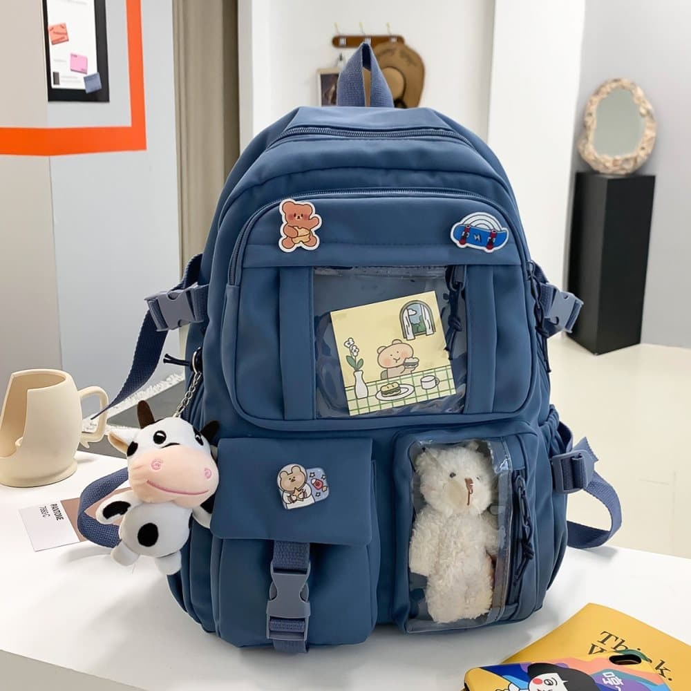 Blue Cute School Backpack for Girls Waterproof with Accessories and Plush Pendant, Ideal for School and Travel