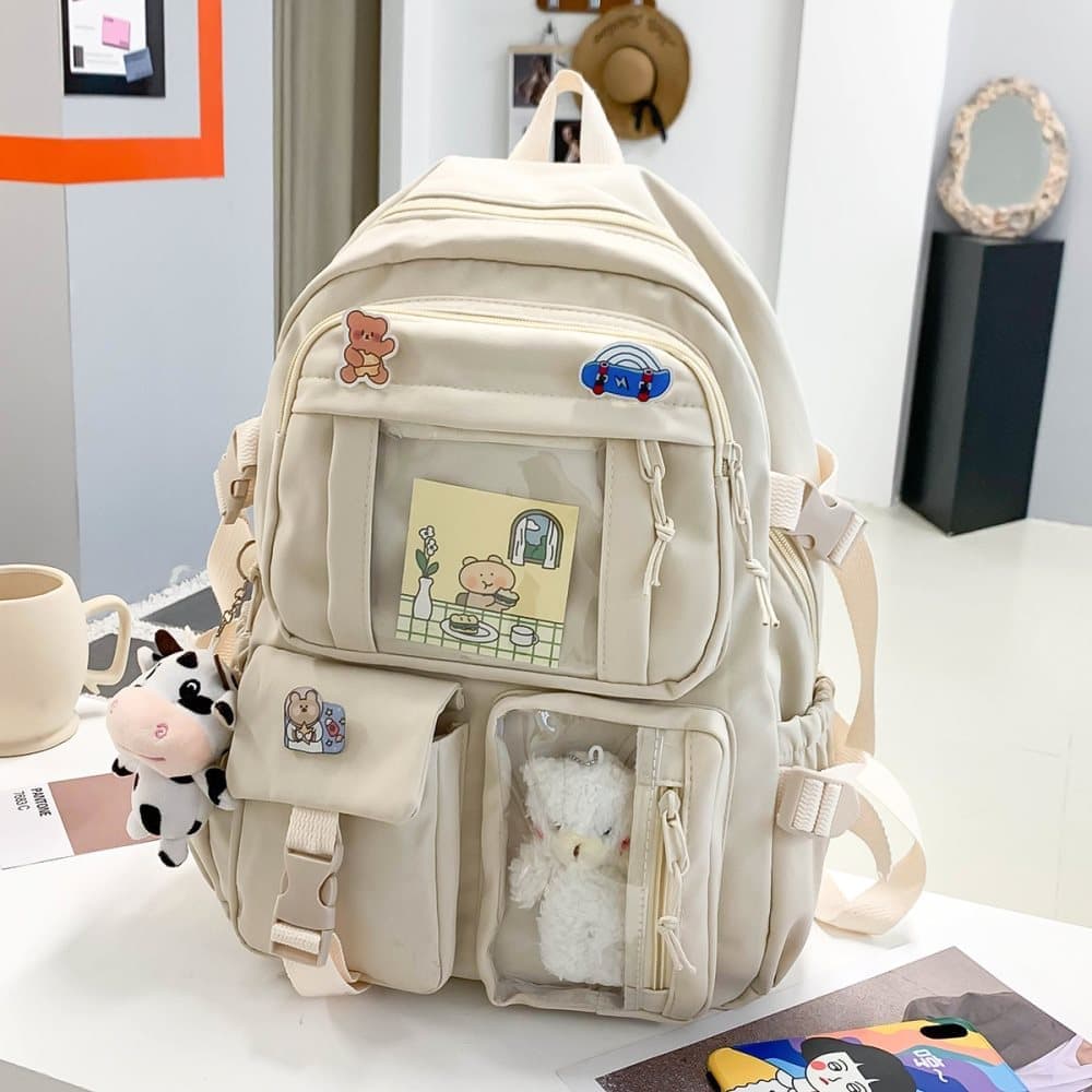 Cute Waterproof School Backpack for Girls with Accessories and Plush Pendant, Ideal for School and Travel, Beige