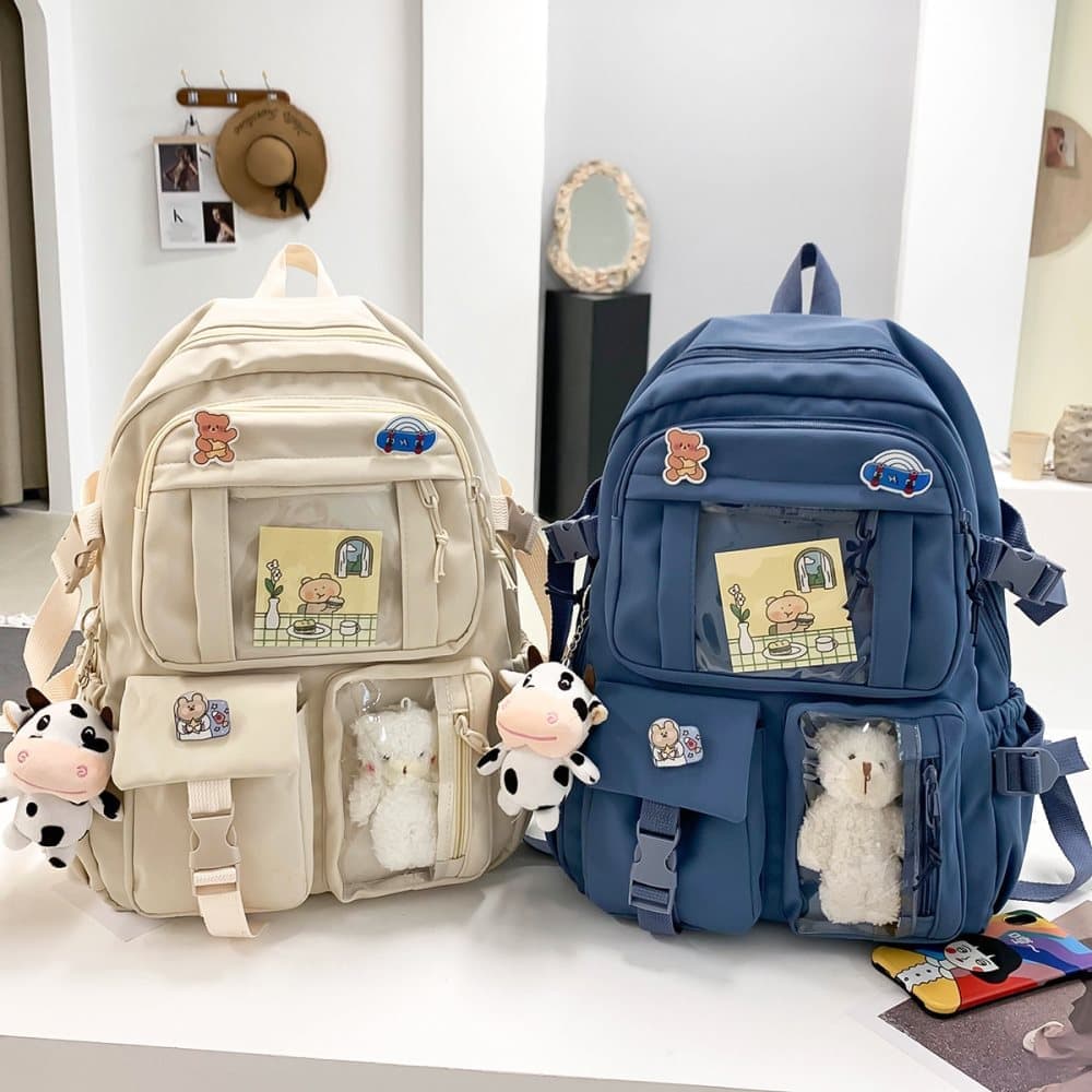 Cute Waterproof School Backpack for Girls with Accessories and Plush Pendant, Ideal for School and Travel, Beige
